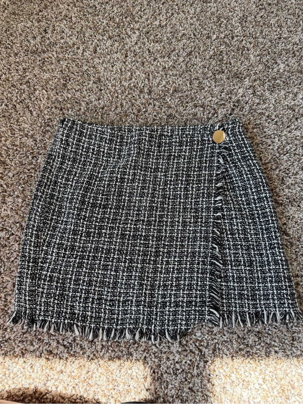 Black & White Tweed Mini Skirt with Fringe Detail